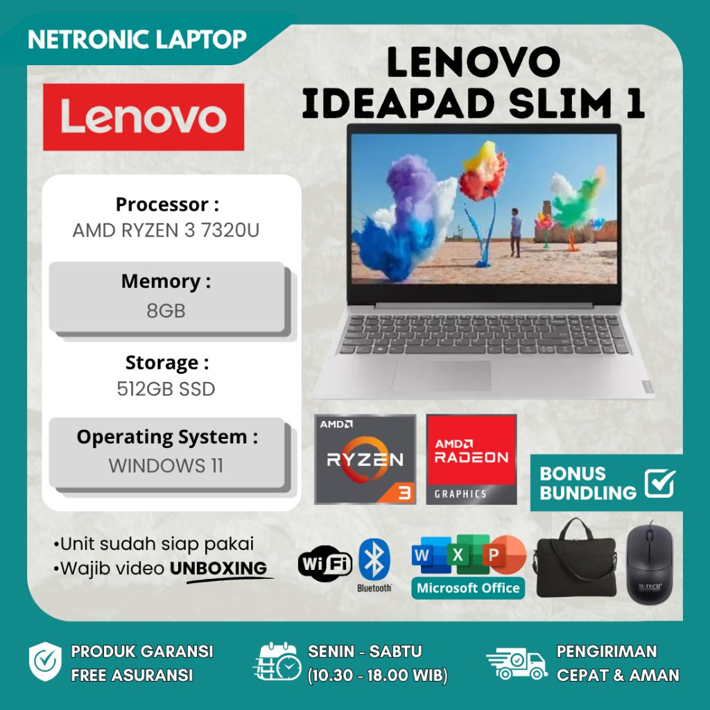 LENOVO IDEAPAD SLIM 1 AMD RYZEN 3-7320U 8GB SSD 256GB 15.6 FHD Windows 11