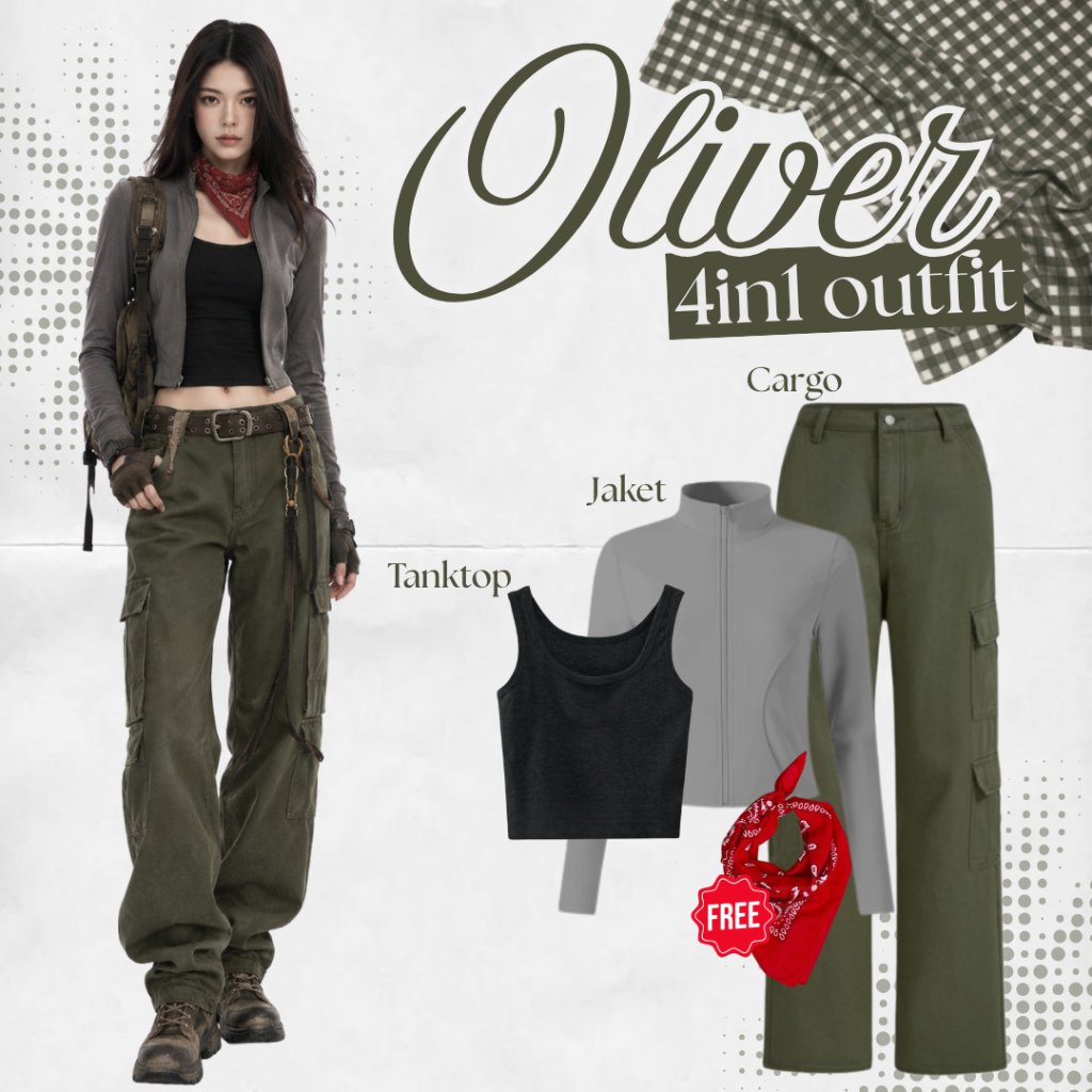 Oliver 4in1 One Set Oufit Yearbook The Maze Runner/Tomb Raider (Jaket, Tanktop, Celana Cargo, Scarf)