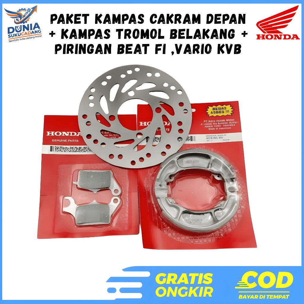 Paket Kampas Cakram Depan + Kampas Tromol Belakang + Piringan Beat Fi ,Vario KVB