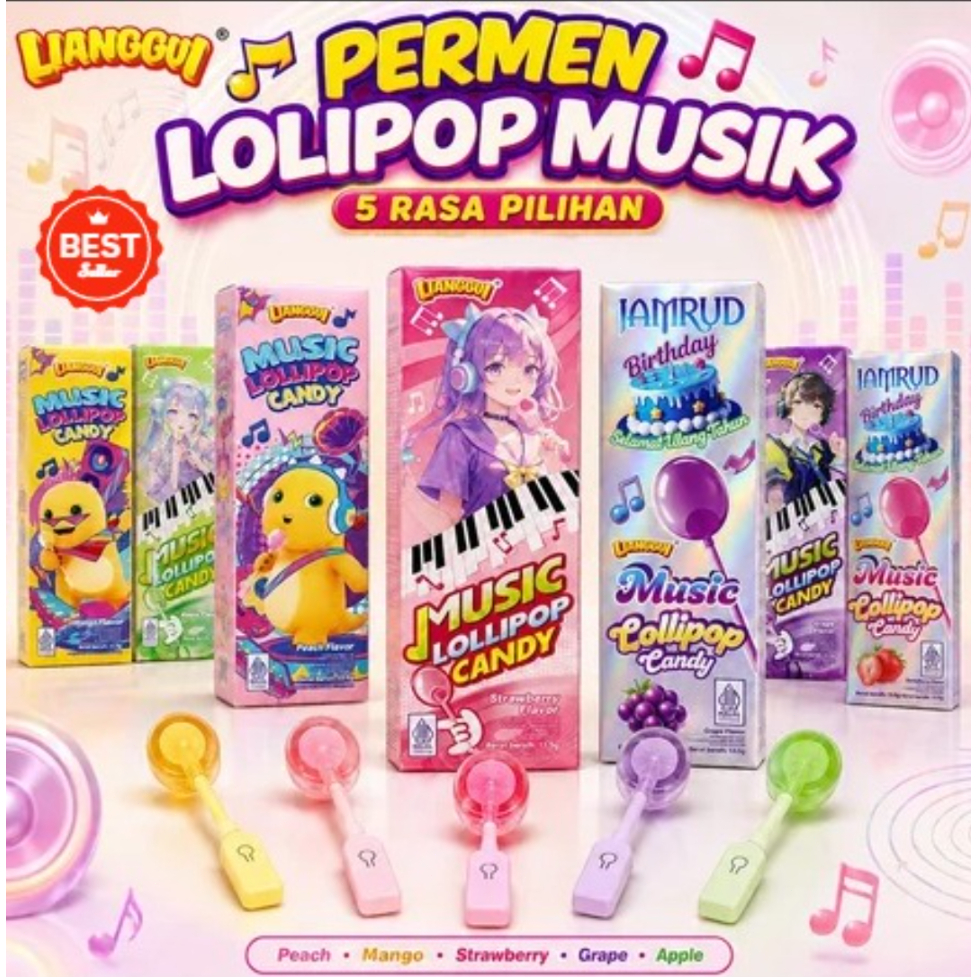 [Jaminan kualitas] Lianggui - Permen Lolipop Musik [Halal] Rasa Buah Mix - 5 Rasa(Strawberry, anggur
