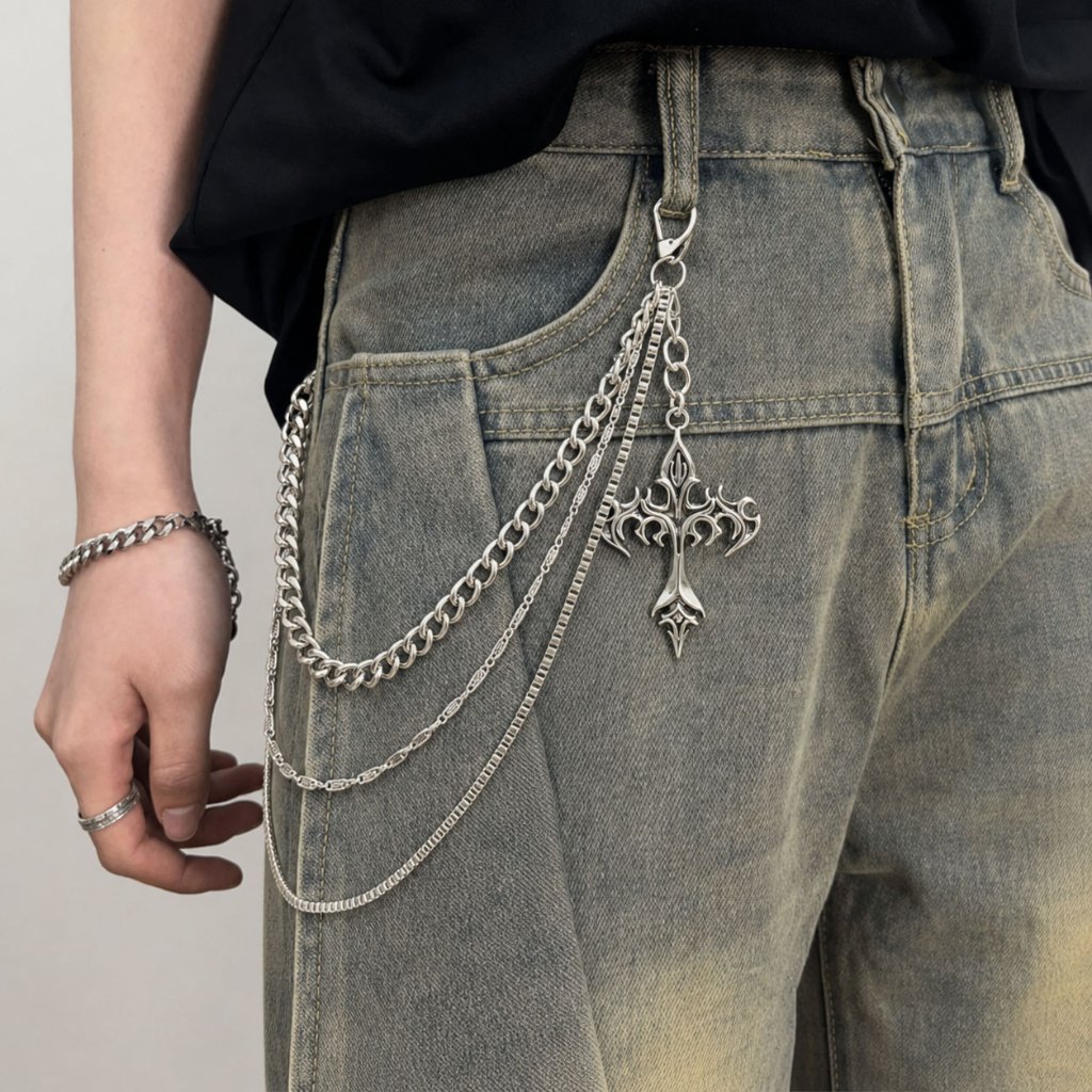 35cm Rantai Celana Wantai Pria Metal Multi Layer dengan Salib Gothic | Rantai Dompet Fashion Korea P