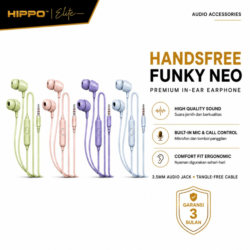 Hippo Earphone Funky Neo Macaroon Super Bass Jack 3.5mm Wired Handsfree Android Original Earbuds Hea