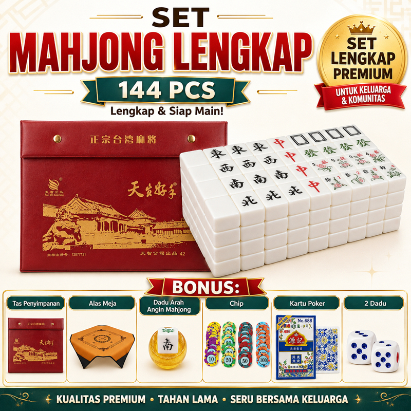 44mm Mahjong 144 Biji Lengkap Tas Penyimpanan Alas Meja Chip Dadu Kartu Poker Kualitas Premium Maina
