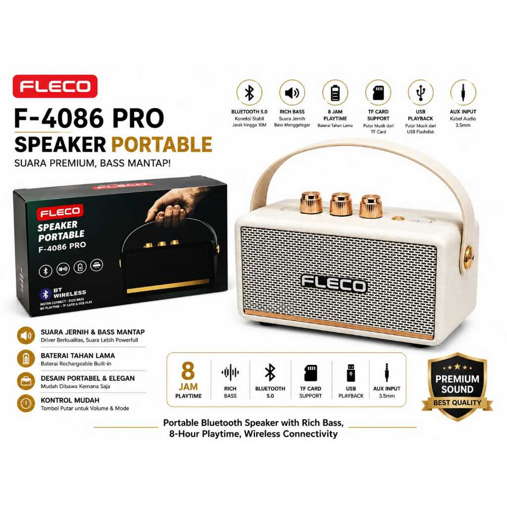 SPEAKER PORTABLE BLUETOOTH FLECO F-4086 PRO Full Bass - Speaker Wireless Portable BT/TF Card/USB/FM 