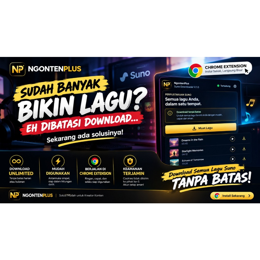 Chrome Extension NgontenPlus Suno Downloader V1.1 untuk Download Lagu Suno Tanpa Batas