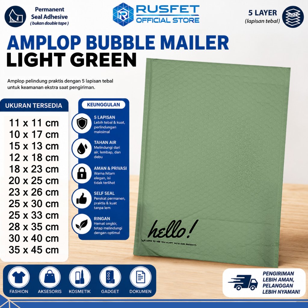 Amplop Security Bubble Mailer Green Matte Hijau Premium Solid Color Merek RUSFET