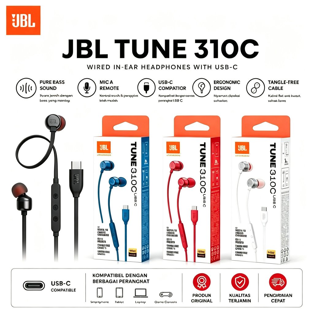 JBL TUNE 310 C /JBL TUNE 305 C/JBL T110 Earphone In-Ear Hitam Dengan Mikrofon, Bass Kuat, Garansi Ku