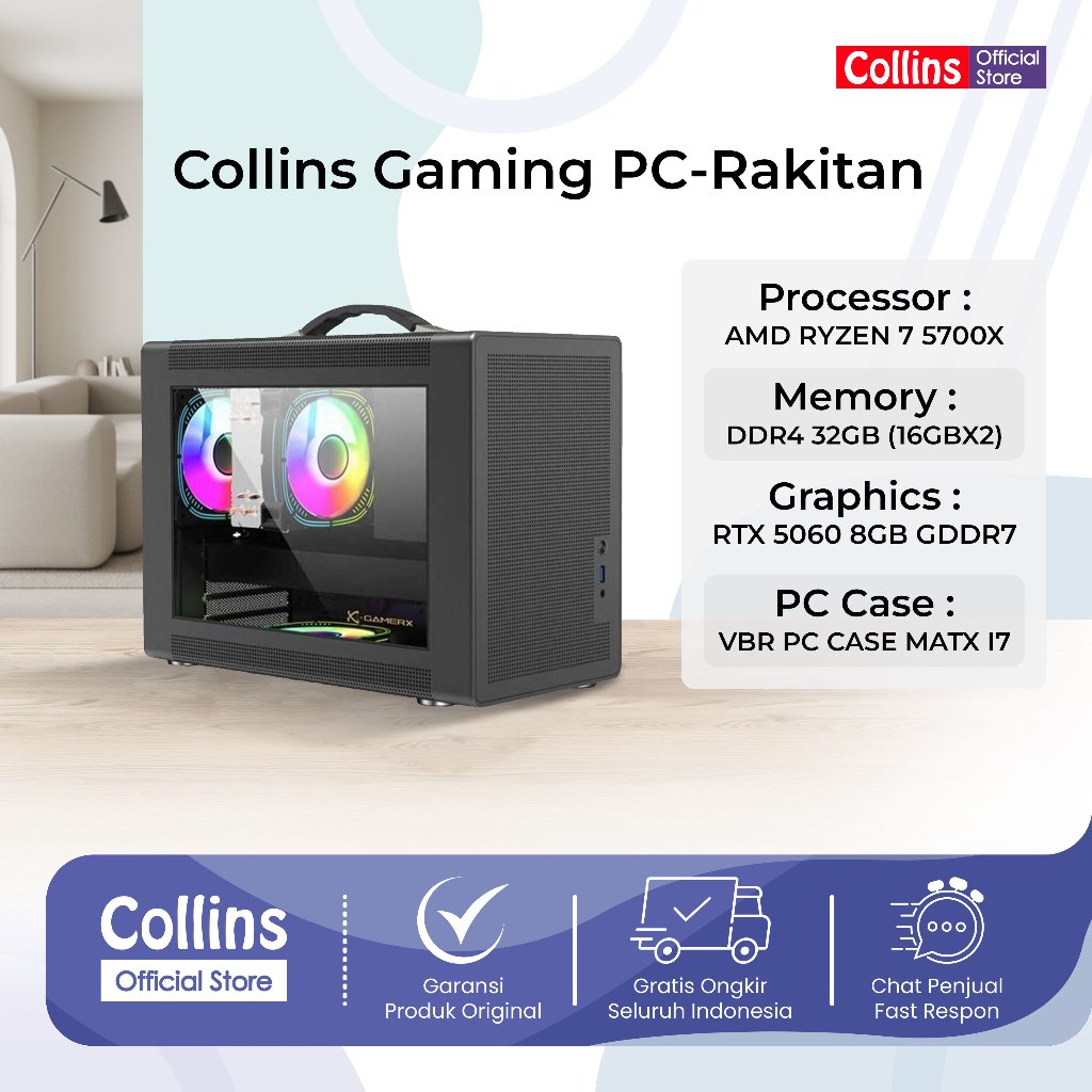 Collins Gaming PC-Rakitan AMD Ryzen 7 5700X RTX 5060 8GB | RAM 32GB/1TB -PC Gaming Rakitan