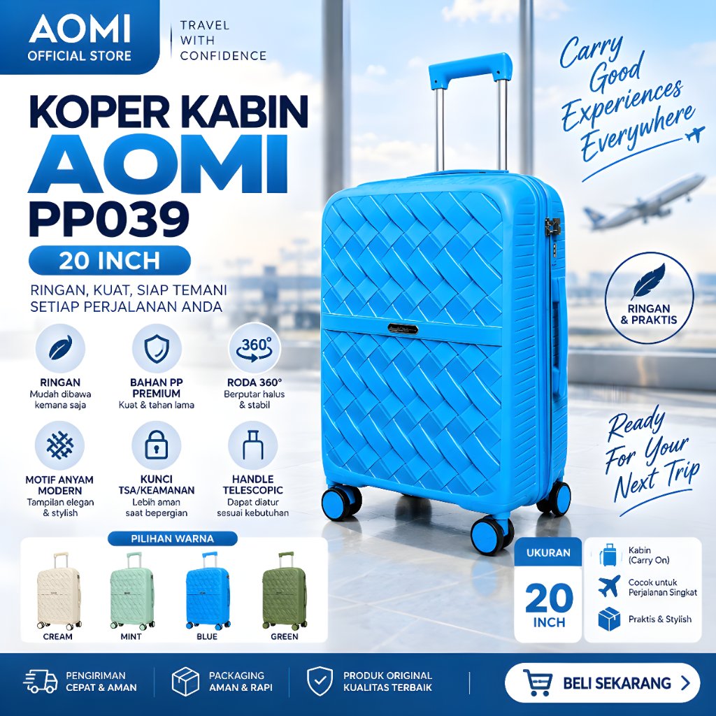 Koper Kabin AOMI PP039 20 Inch – Koper PP Motif Anyam Roda 360° Ringan