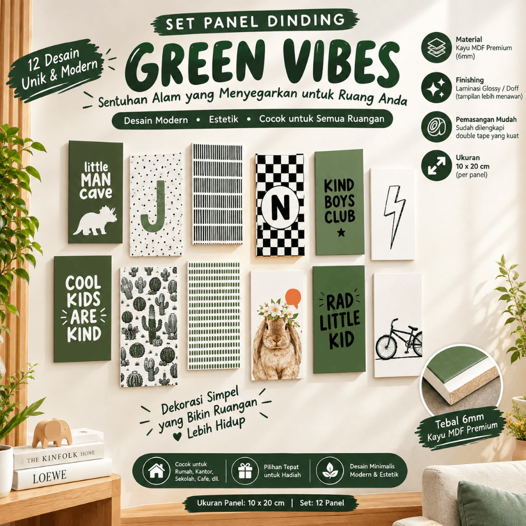 Hiasan Dinding Green Vibes 12 Desain Kayu MDF 6mm Pemasangan Mudah 10x20 cm Dekorasi Rumah Kamar Kan