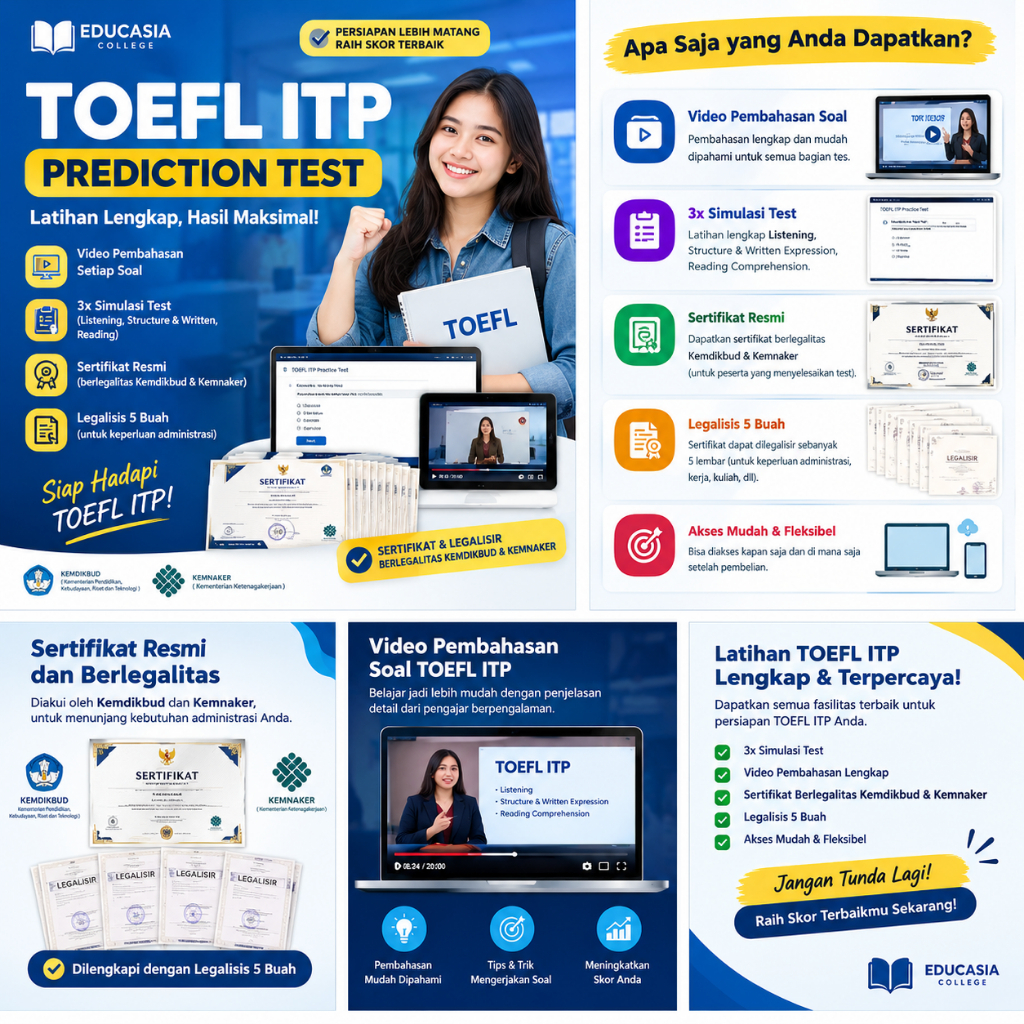 TOEFL ITP Prediction Test - 3x Simulasi, Video Pembahasan, Sertifikat & 5 Legalisir