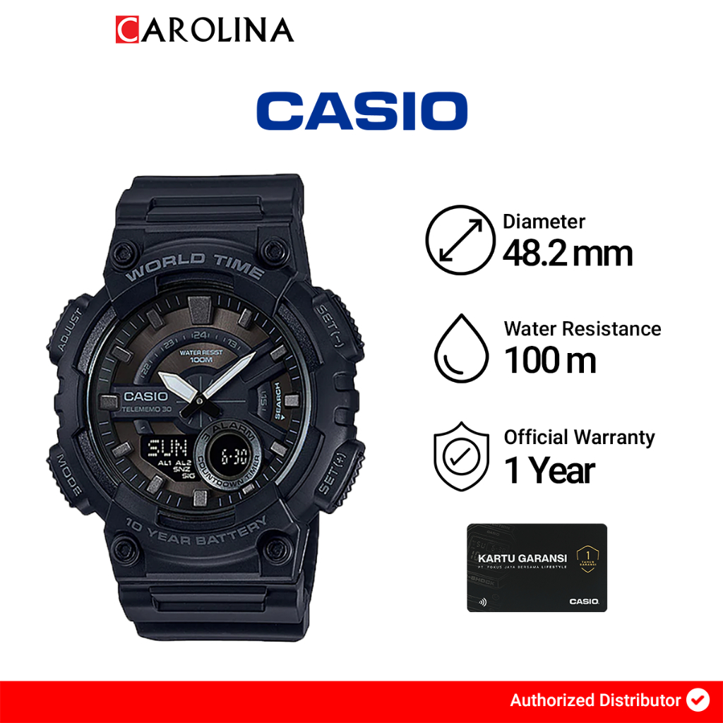 Jam Tangan Pria Casio General AEQ-110W-1B Digital Analog Dial Black Resin Band