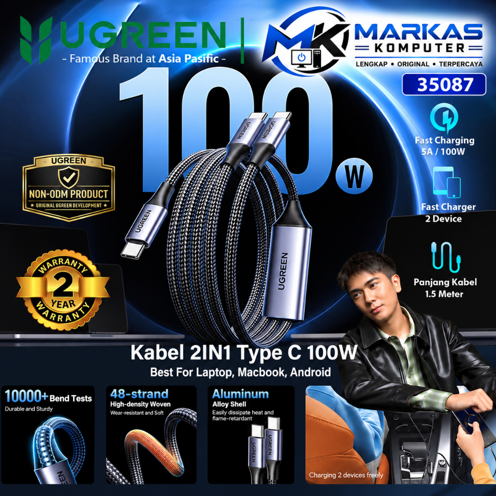 UGREEN Kabel Charger 2 in 1 Type C to Dual Type C PD Fast Charging 100w 140w