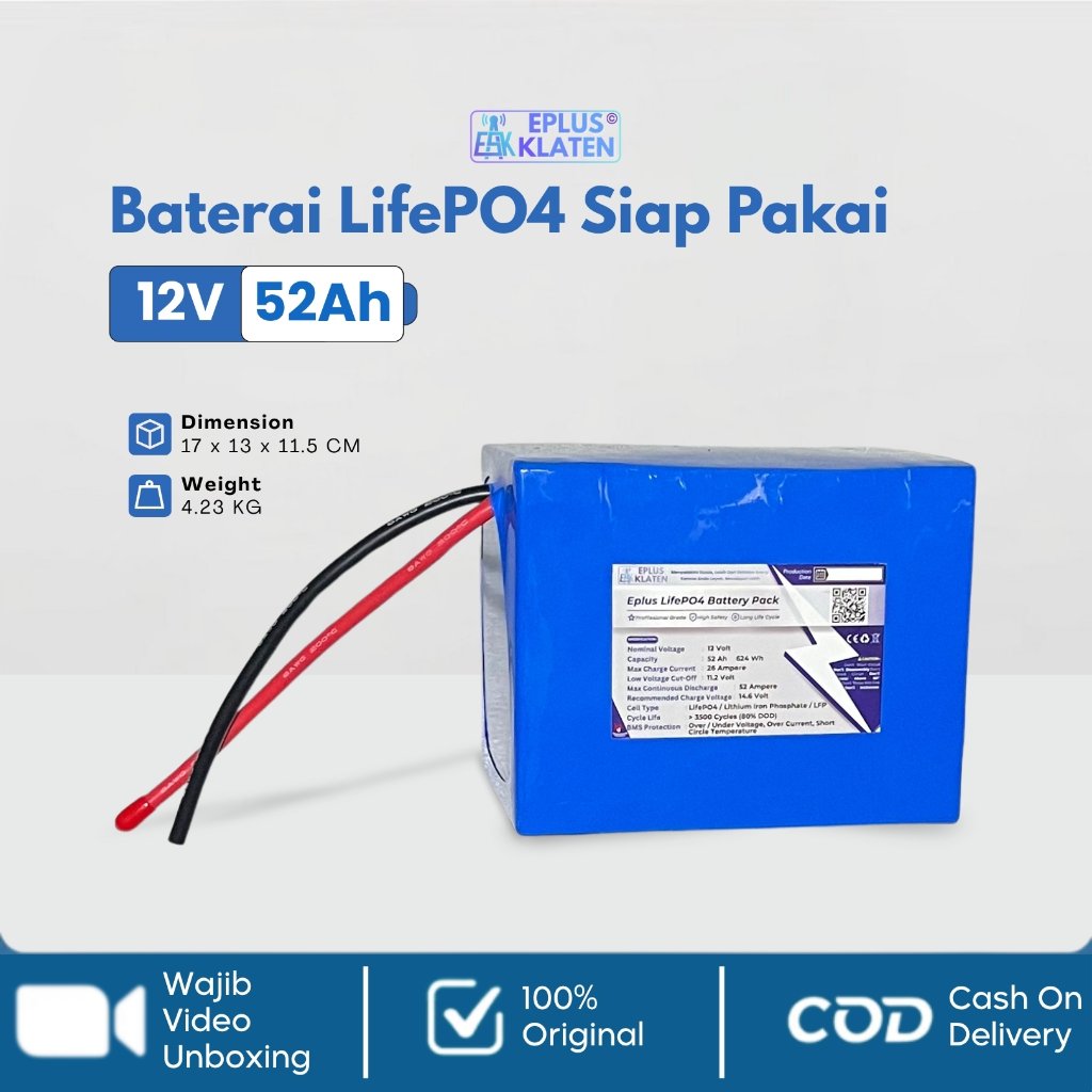12V 52Ah + BMS Proteksi Cell Siap Pakai 50Ah 50A Backup UPS Setrum PDC PAC PLTS Lithium LifeP04 NEW 