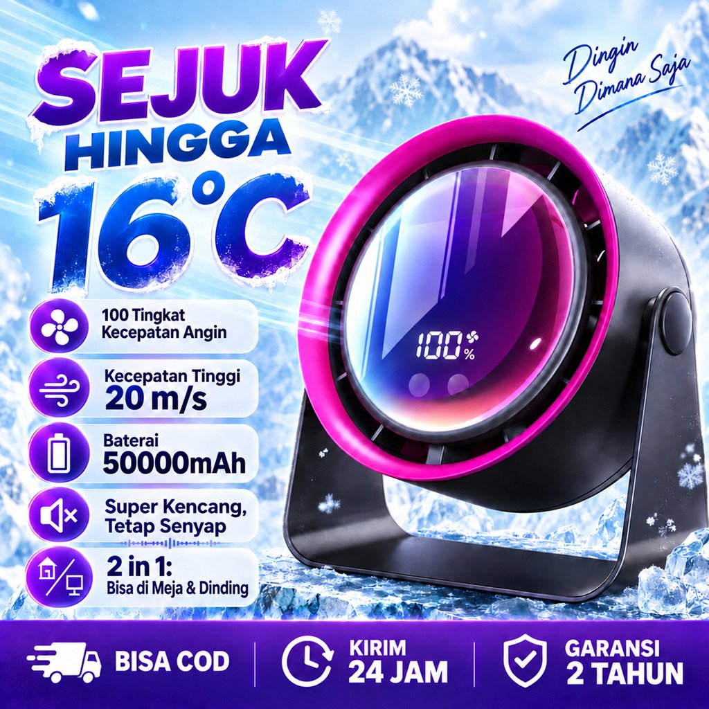 JONIONE COD Kipas Angin Mini Portable Turbo Fan 50000mAh Rechargeable, 100 Gear Strong Wind Silent F