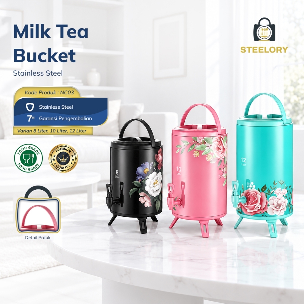 Steelory Milk Tea Bucket Termos Dispenser Minuman Besar dengan Kran Handle Kaki untuk Teh Kopi Air P