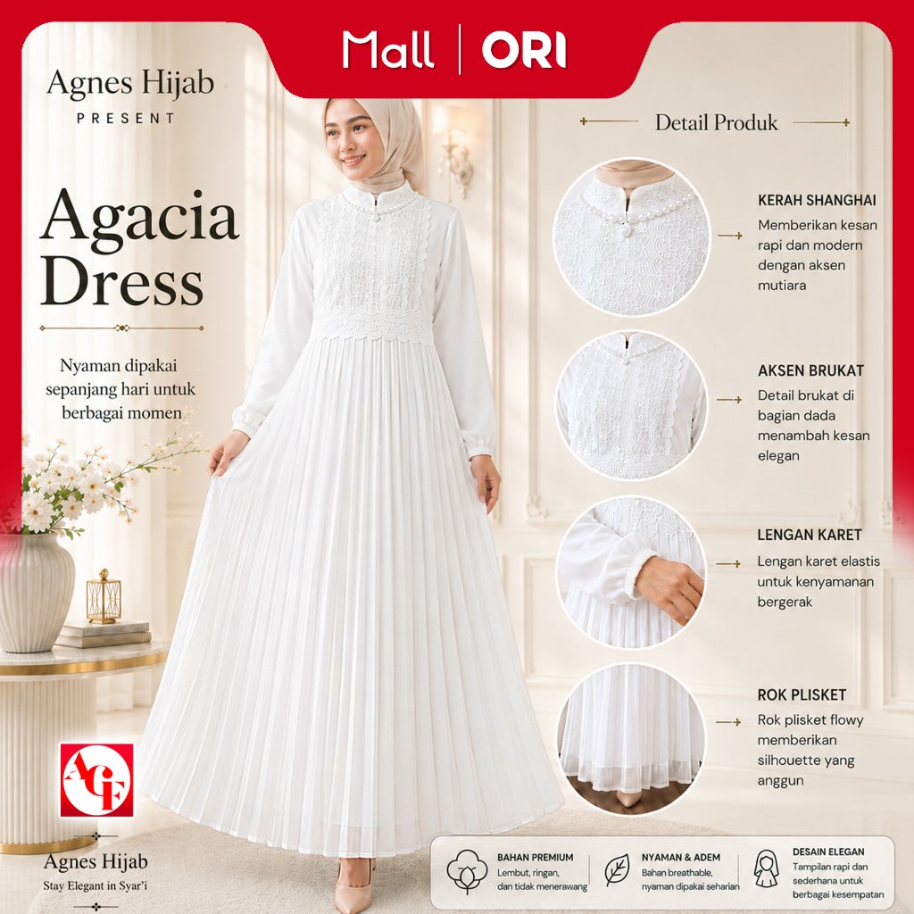 Agnes Hijab | Agacia Dress Gamis Putih Mewah Simple Elegan 2026 Terbaru Plisket Premium Baju Kurung 