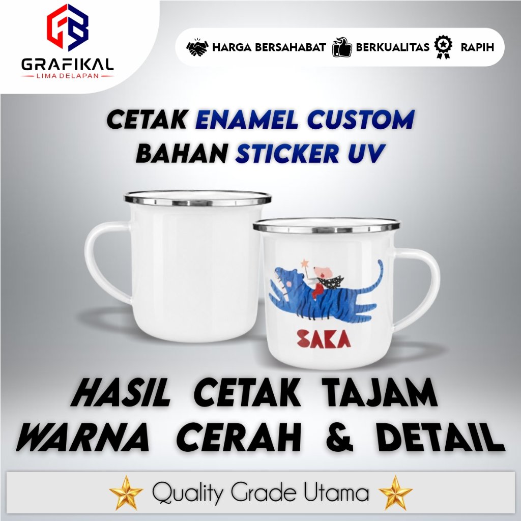 Cetak Mug Enamel Custom Sticker UV Desain Foto, Logo, Nama - Gelas Mug Vintage Aesthetic Souvenir Ka