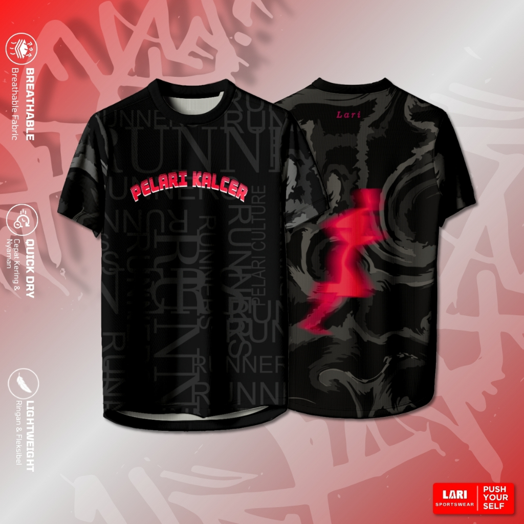 LARI Jersey Olahraga Wanita & Pria Pelari Kalcer Black Jersey Dry Fit Running