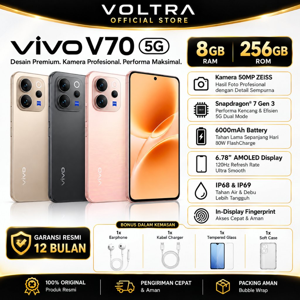 HP Vivo V70 5G 8GB RAM 256GB ROM Snapdragon 7 Gen 3 Kamera ZEISS 6.78" AMOLED IP68