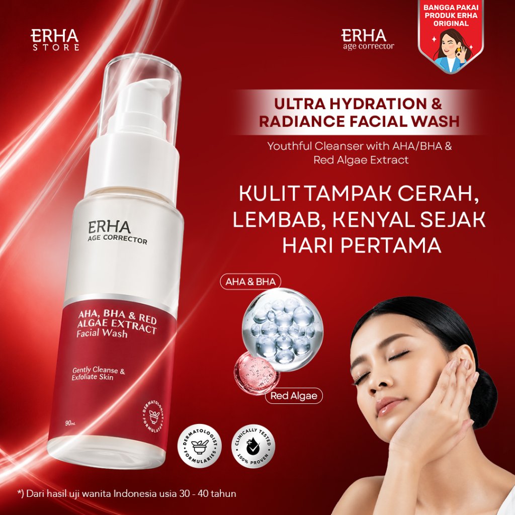 ERHA Age Corrector Ultra Hydration & Radiance Facial Wash 90ml Youthful Cleanser with AHA, BHA & Red