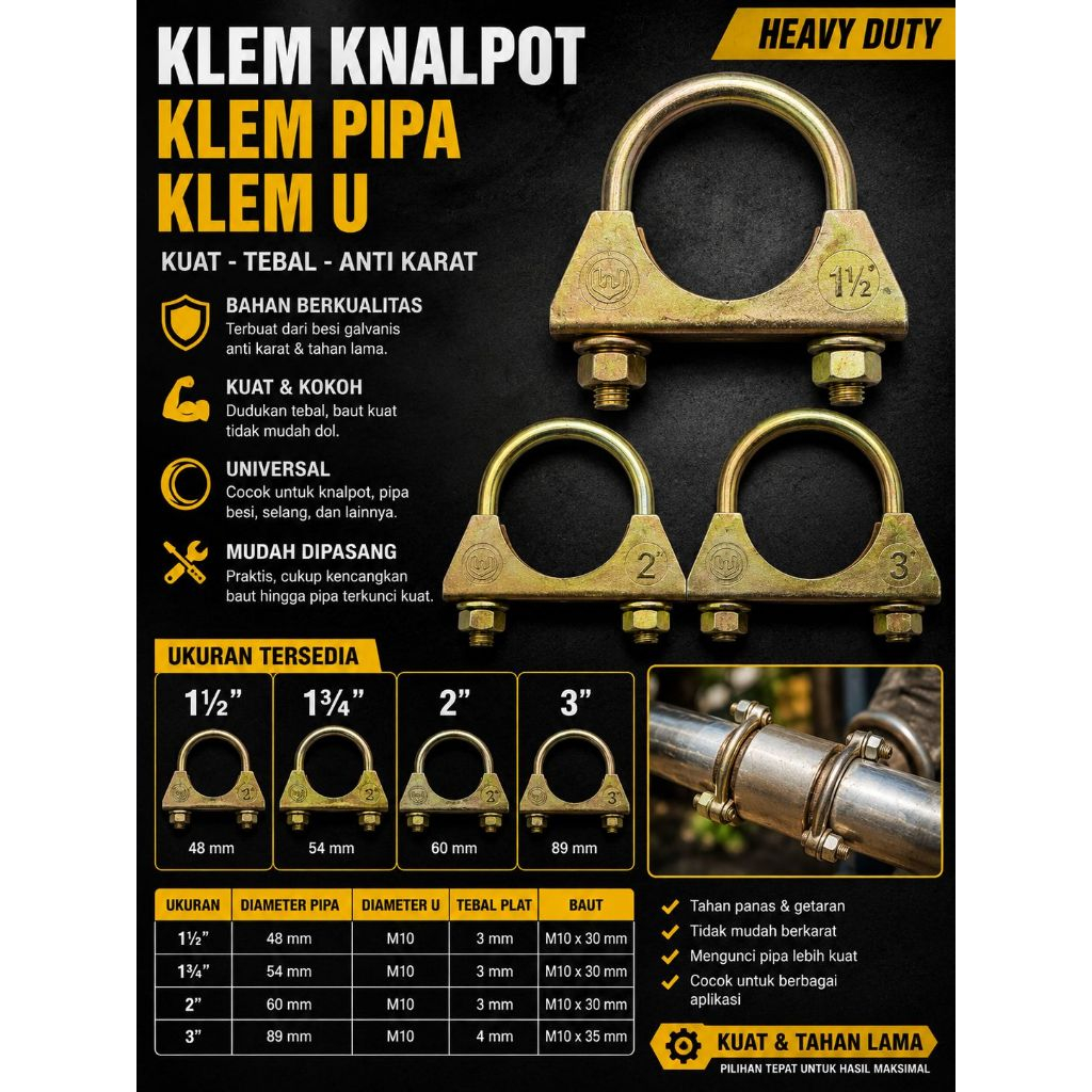 Klem Knalpot Klem Pipa Klem U Heavy Duty Besi Galvanis Anti Karat Universal