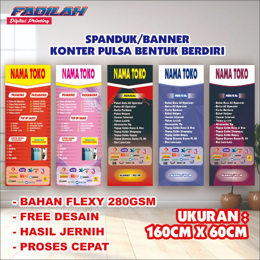 Spanduk/Banner Konter Pulsa Bentuk Berdiri Ukuran 160cm x 60cm Bahan Flexy 280 gsm