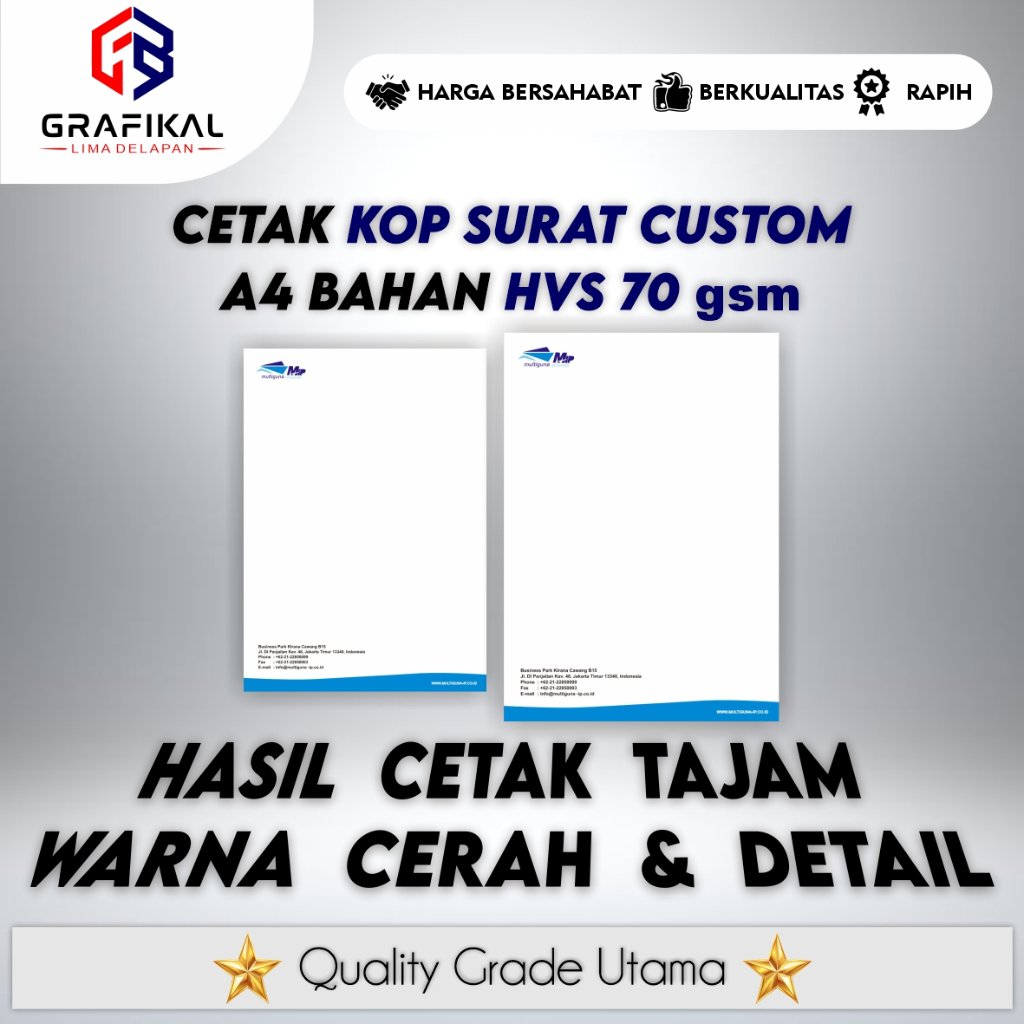 Cetak Kop Surat A4 Custom Full Color | HVS 70 gsm | 1–4 Warna | 1 Rim (500 Lembar)