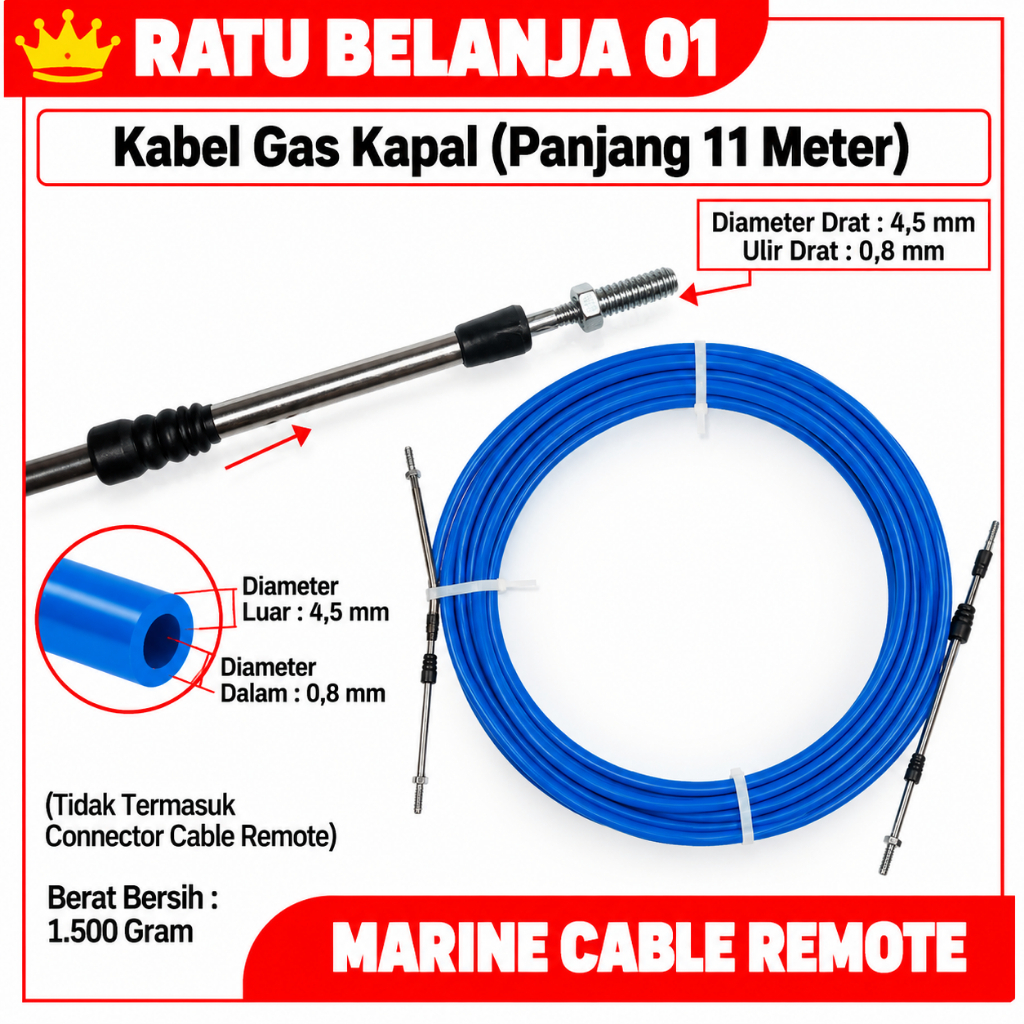 11 METER MARINE CABLE REMOTE / KABEL GAS MESIN KAPAL / TALI GAS KAPAL