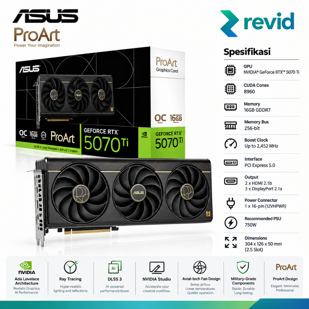 VGA ASUS ProArt GeForce RTX 5070 Ti 16GB GDDR7 OC 3-Fan PCI Express 5.0