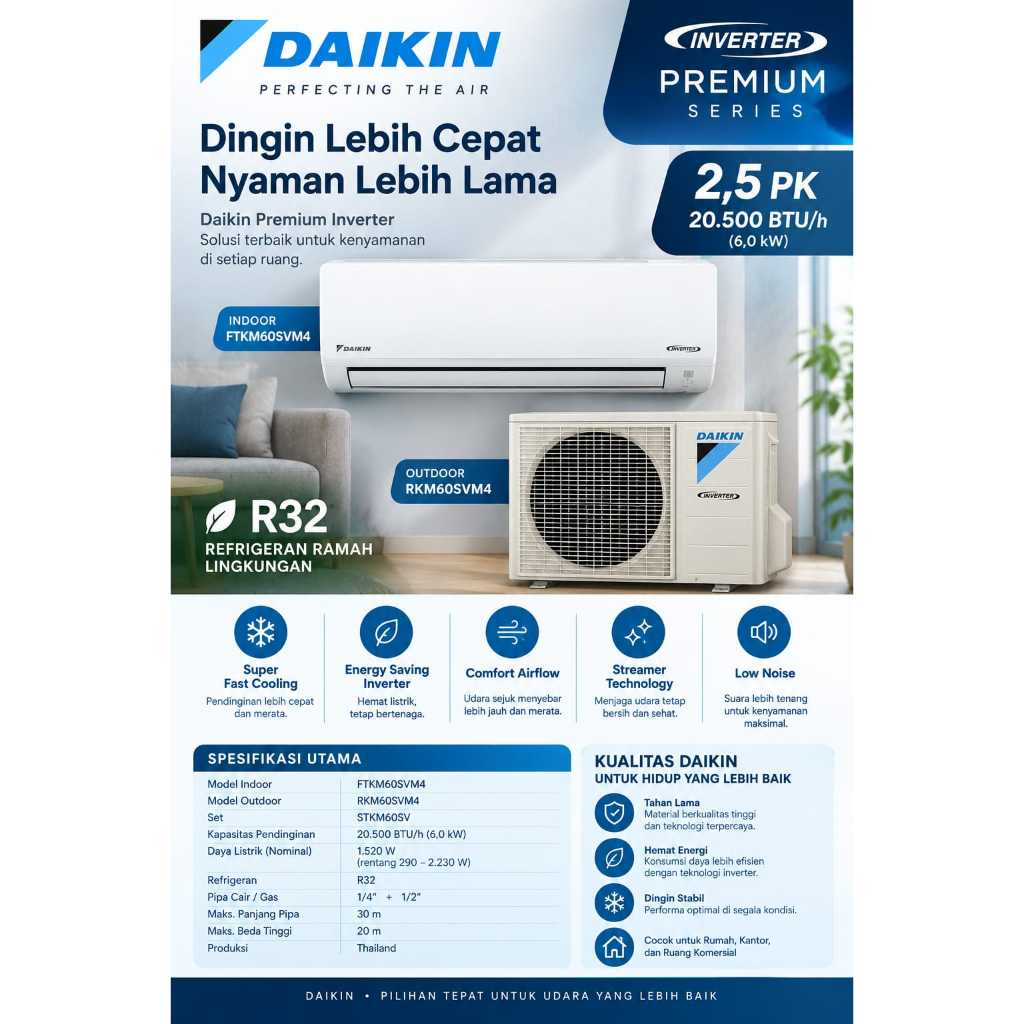 AC Bekas Daikin 2.5 PK Premium Inverter FTKM60SVM4 R32 Thailand Dingin Normal Original