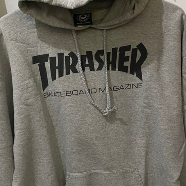 (72x60cm tanpa tarik) CN crewneck sweater hoodie Thrasher Magazine warna abu hudi kantong tanpa jahi