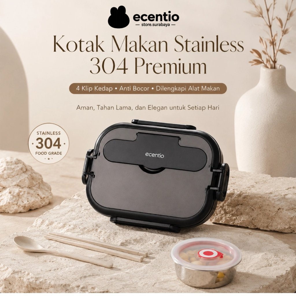 ecentio Stainless Lunch Box 1000ml 4 Sekat, Kotak Makan 304 Stainless Tempat Makan Tempat Bekal Maka