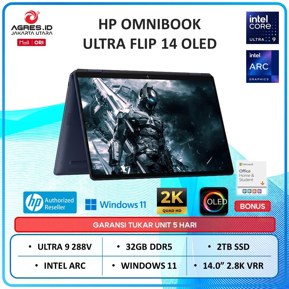 LAPTOP HP OMNIBOOK ULTRA FLIP 14 OLED INTEL ULTRA 9 288V RAM 32GB 2TB SSD W11+OHS 14.0 2.8K VRR 120H