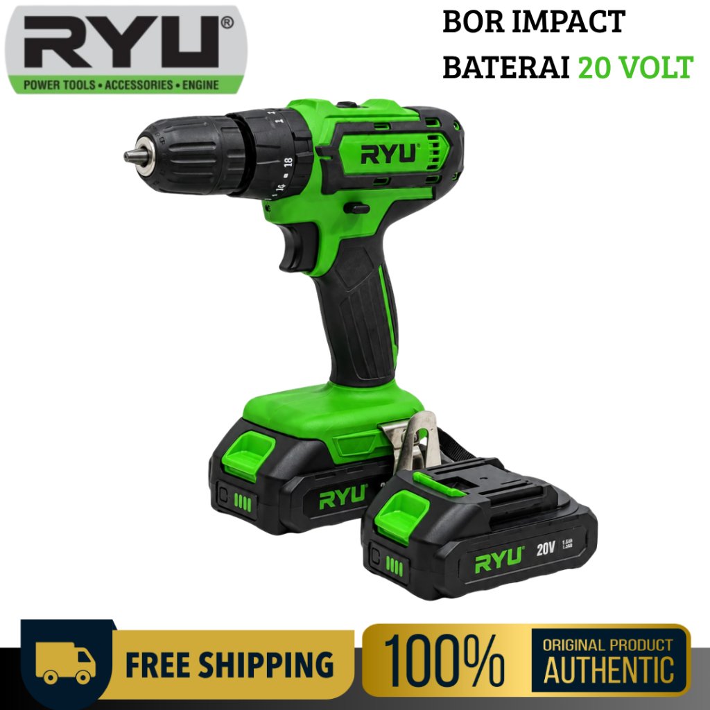RYU Bor Impact Baterai 20V Mesin Bor Tembok Kayu Besi Tanpa Kabel Cordless Drill 2 Batre RCI 20 Volt