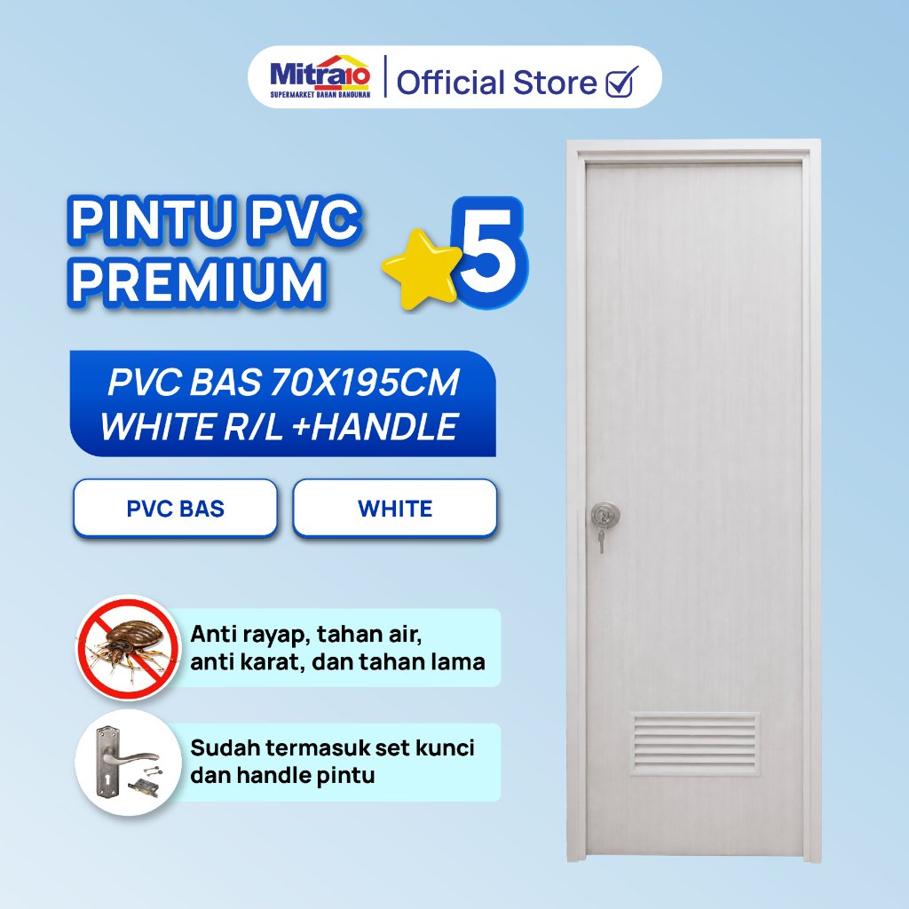 Pintu Kamar Mandi WC Toilet PVC Bukaan Kanan/Kiri dengan Gagang Pintu BAS 70X195 Cm Grey/White Tidy 