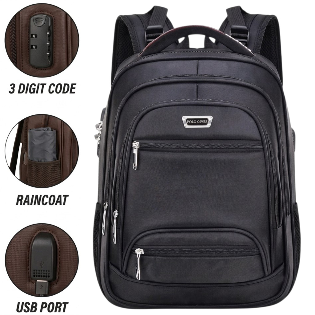 Tas Polo GIVES 17 IN Tas Ransel Kerja Tas sekolah Kunci Usb Port Polo Raincoat