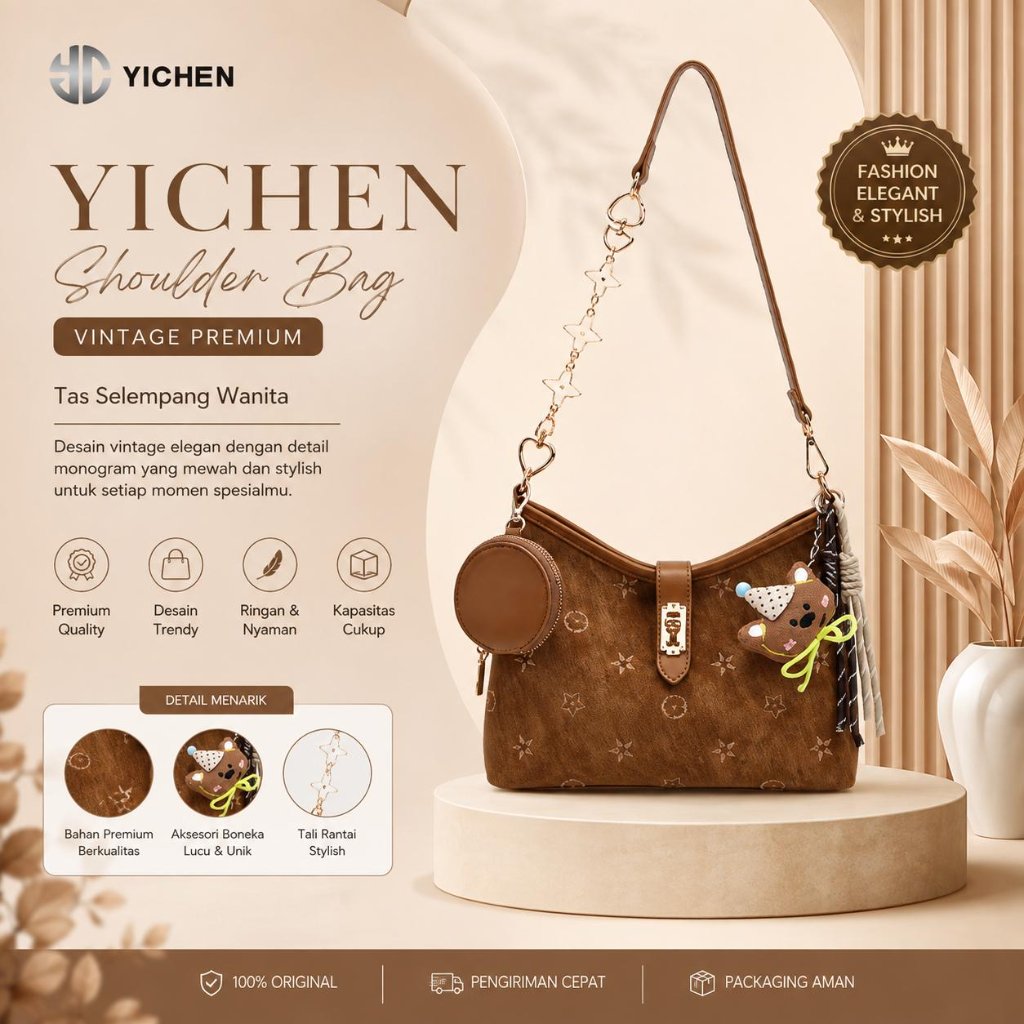 YICHEN Tas Selempang Wanita Vintage Premium – Shoulder Bag Mini Motif Monogram Coklat