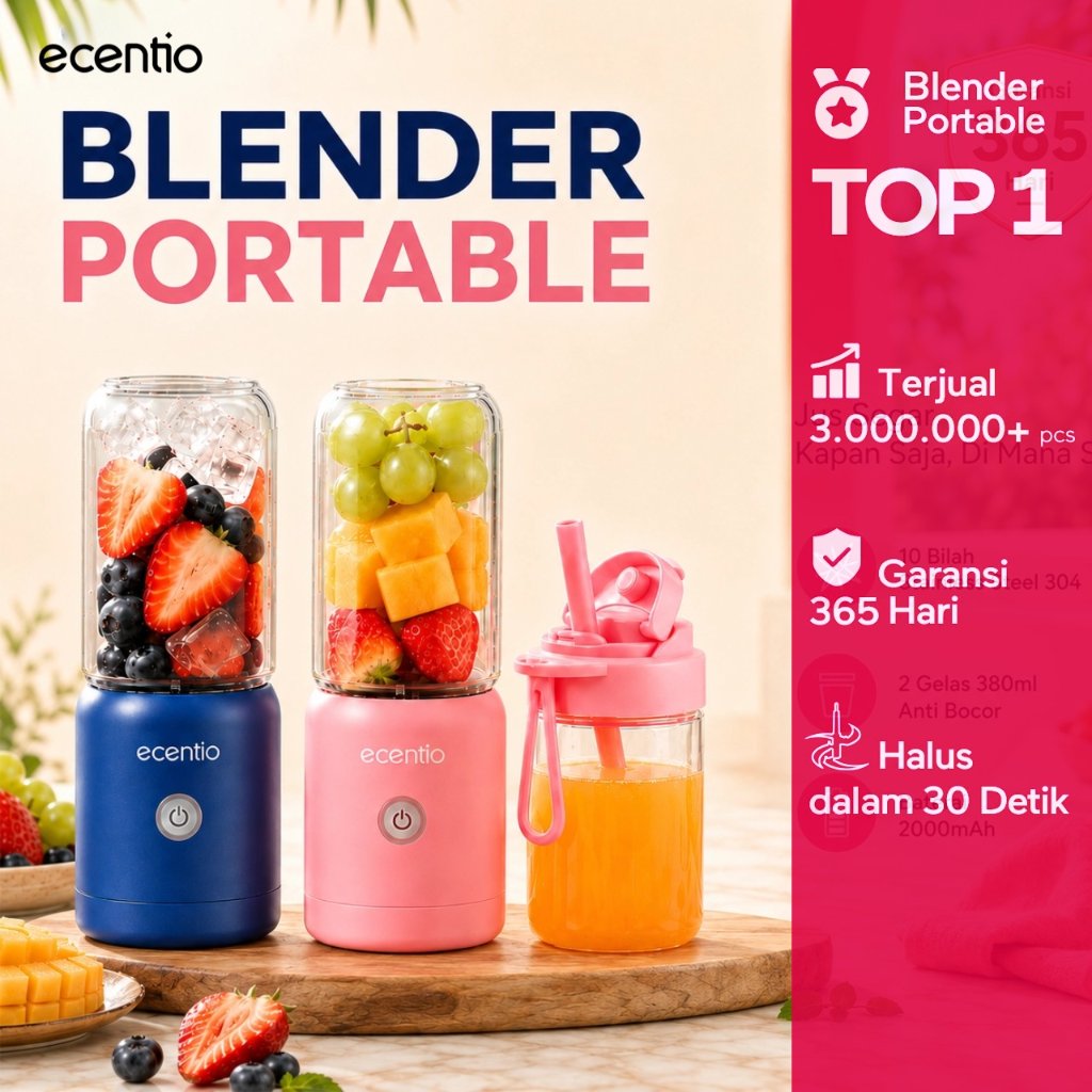 [Versi 2.0] ecentio Blender Portable Premium Juicer 380ml+380ml Kaca Tebal 2 Gelas Anti Bocor 8/10/1