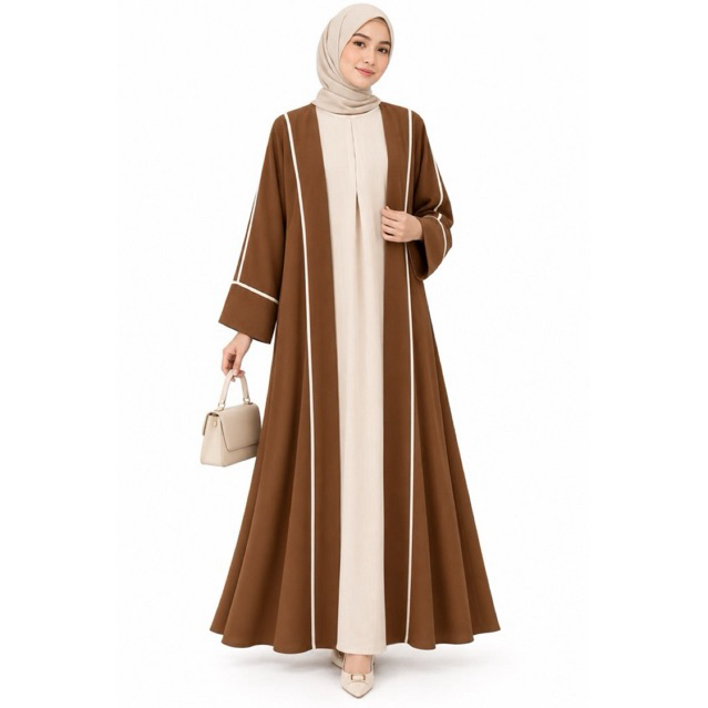 Aya dress gamis polos bahan crinkle airflow free hijab warna perpaduan cream caramel