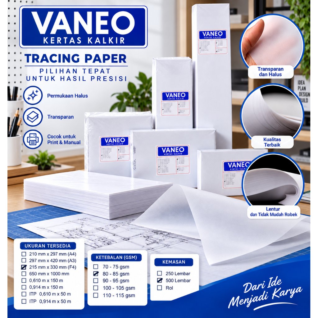 Vaneo Kertas Kalkir F4 Folio 80/85 gsm Tracing Paper
