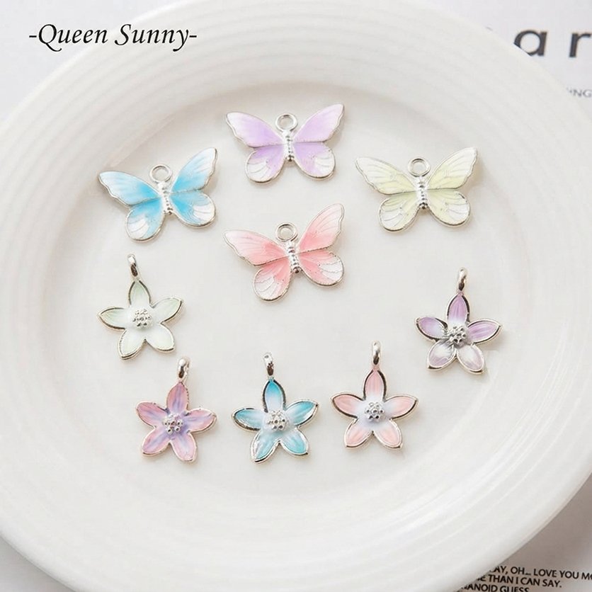 QUEEN SUNNY - 1pc Bunga & Kupu-Kupu Warna-Warni Cantik Charm Liontin Enamel Pendant Bandul Kalung Ge