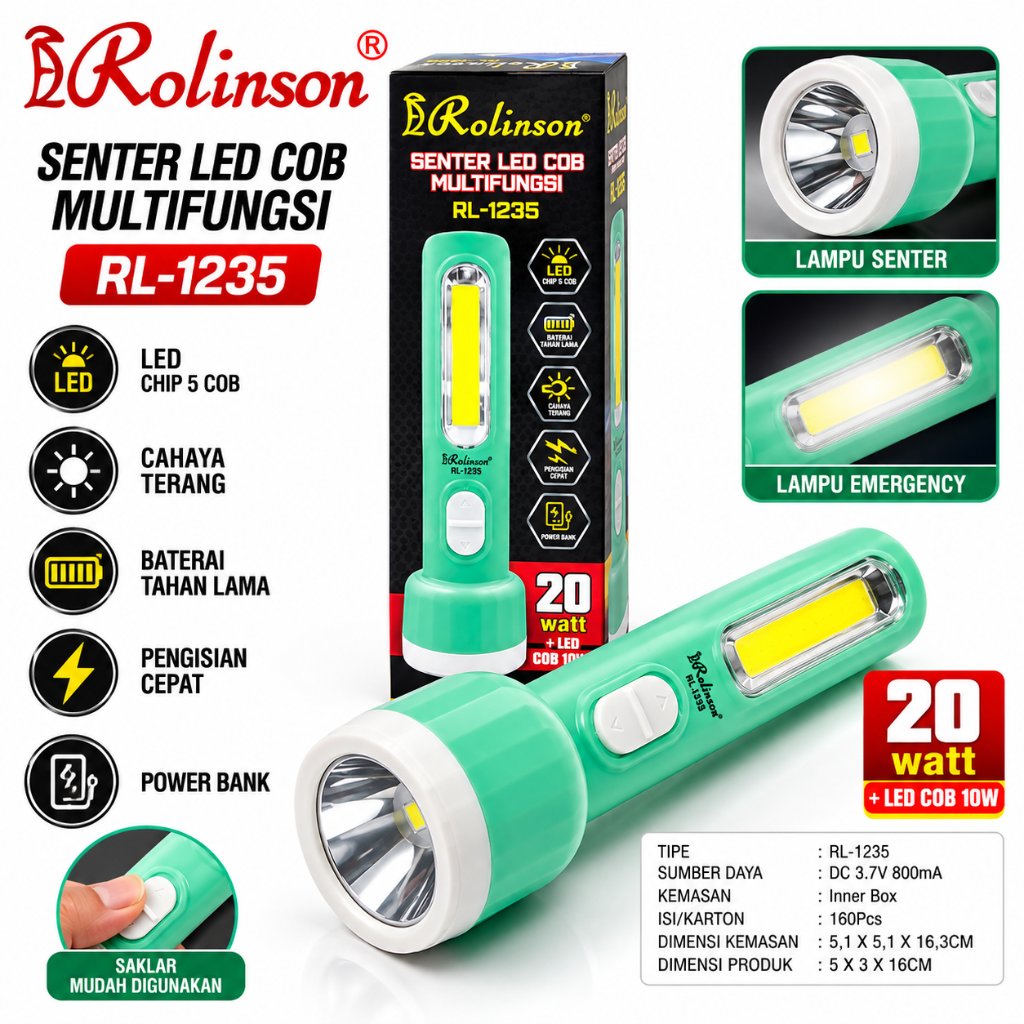 ROLINSON Senter Tangan Rechargeable Multifungsi LED 20 Watt + Chip COB 10 Watt Cahaya Putih