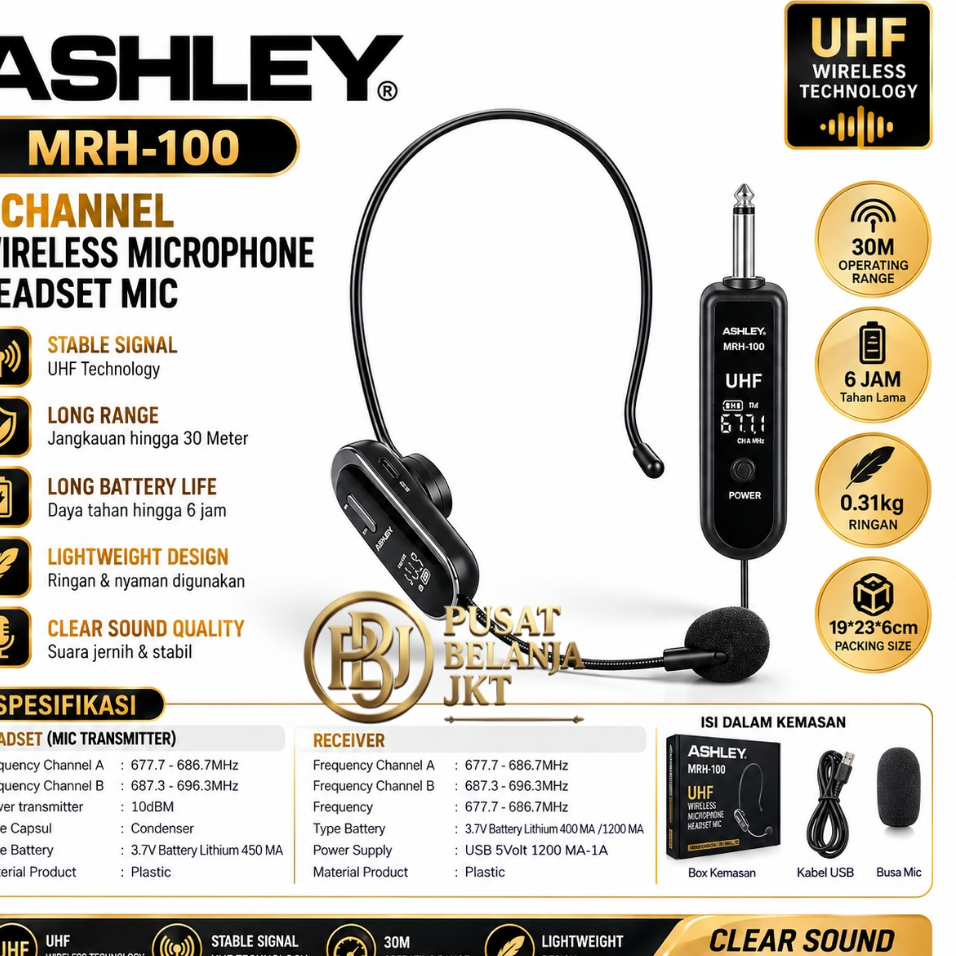 Mic Wireless Headset Ashley MRH 100 1 Mic Headset Bando Imam Masjid Presentasi Ceramah Senam UHF Rec