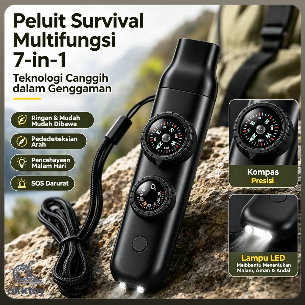 Peluit Survival 7 in 1 Multifungsi Outdoor Camping Emergency Kit Kompas Termometer LED Lampu Alat Hi
