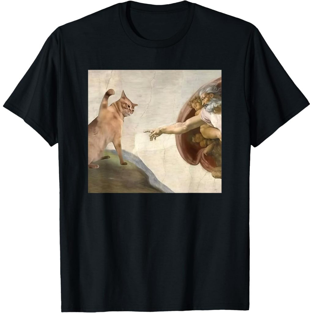 Funny Cat God Creation of Adam Meme Jesus T-Shirt