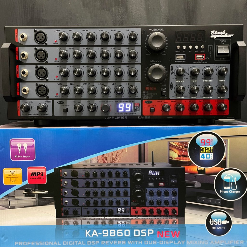 POWER AMPLI MIXER AMPLIFIER BLACK SPIDER KA9860 DSP KA 9860 KA-9860 DSP 8 Mic Input EFEK REVERB 99DS