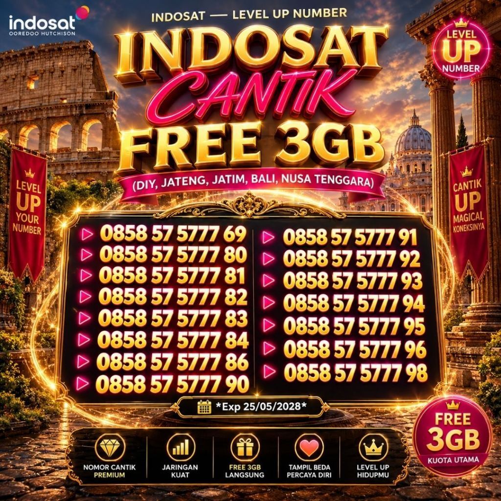 Nomor Cantik Indosat Seri MAJU MAJU 858 57 5777 XX (DIY,Jateng,Jatim,Bali& Nusra) Bonus 3GB Harga 55