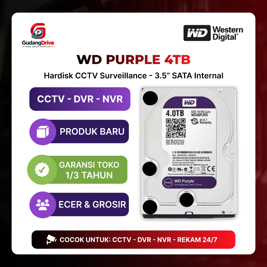 Hard Disk WD Purple 4TB 4T CCTV DVR NVR HDD Surveillance Baru Bergaransi