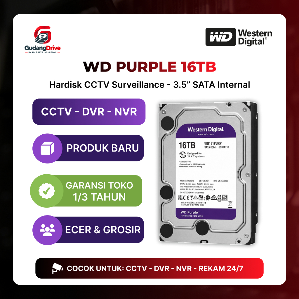 Hard Disk WD Purple 16TB 16T CCTV DVR NVR HDD Surveillance Baru Bergaransi